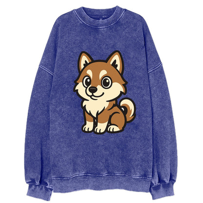 Pomsky - Pomeranian-Husky mix sitting pose - Vintage Sweatshirt - Blue