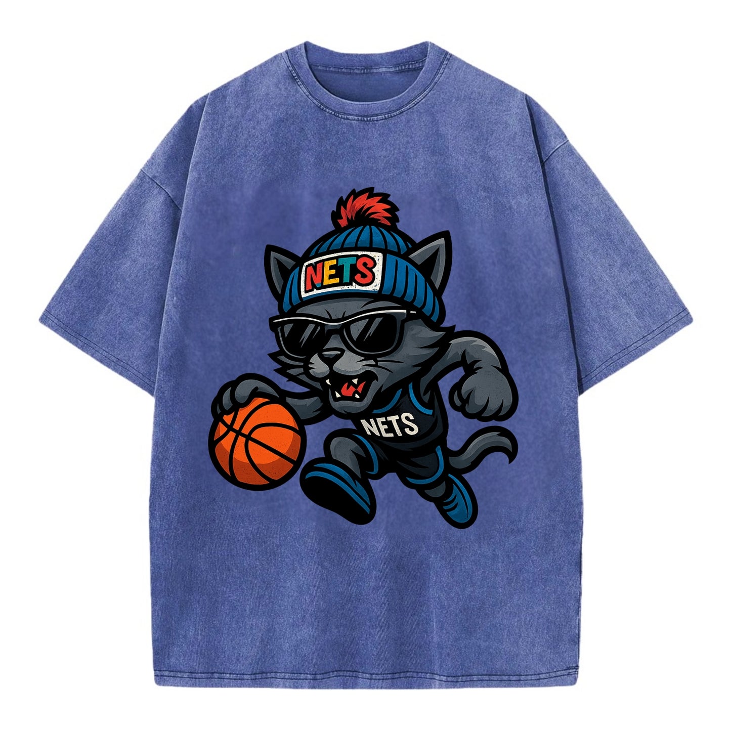 Brooklyn Cat wearing Nets beanie with street art patch and wayfarer sunglasses - Vintage T-shirt - Blue