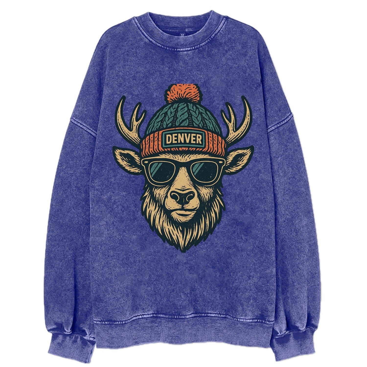 Denver Elk wearing Denver beanie with pom pom and wayfarer sunglasses - Vintage Sweatshirt - Blue