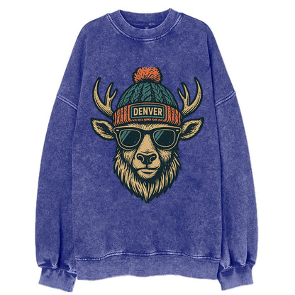 Denver Elk wearing Denver beanie with pom pom and wayfarer sunglasses - Vintage Sweatshirt - Blue
