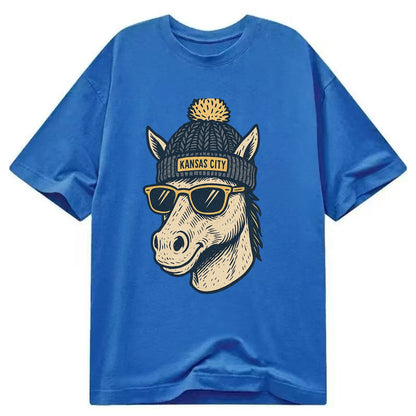Missouri Mule wearing Kansas City beanie with pom pom and wayfarer sunglasses - Classic T-shirt - Blue