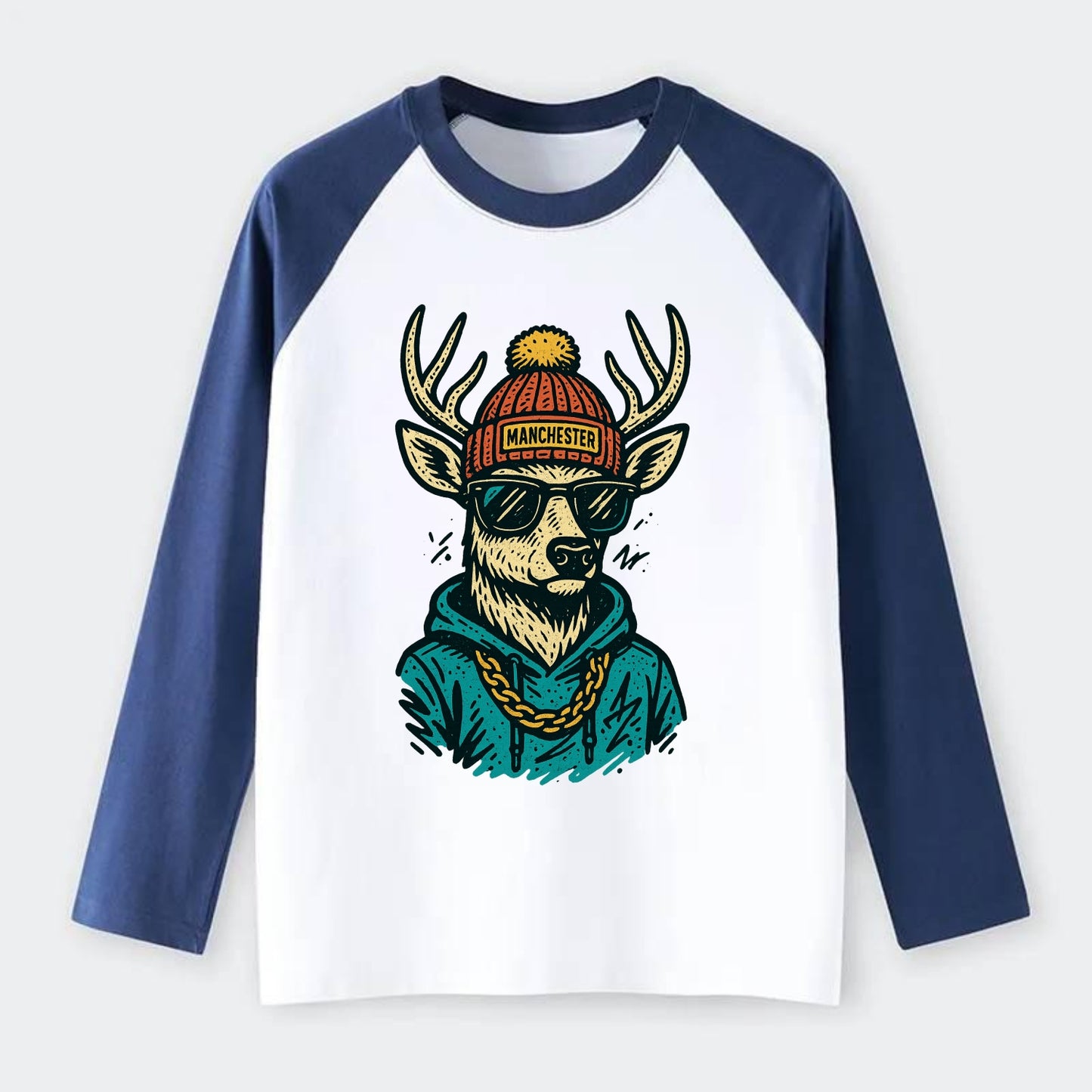 New Hampshire White-tailed Deer wearing Manchester beanie with pom pom - Raglan Long Sleeve T-Shirt - Blue