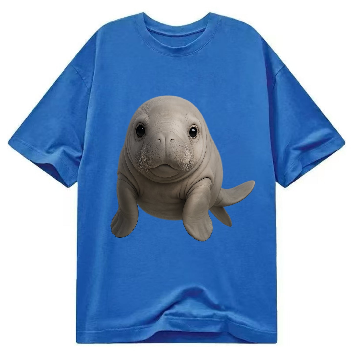 Baby Dugong - gray with paddle tail, gentle expression, whiskers, front-facing, - Classic T-shirt - Blue