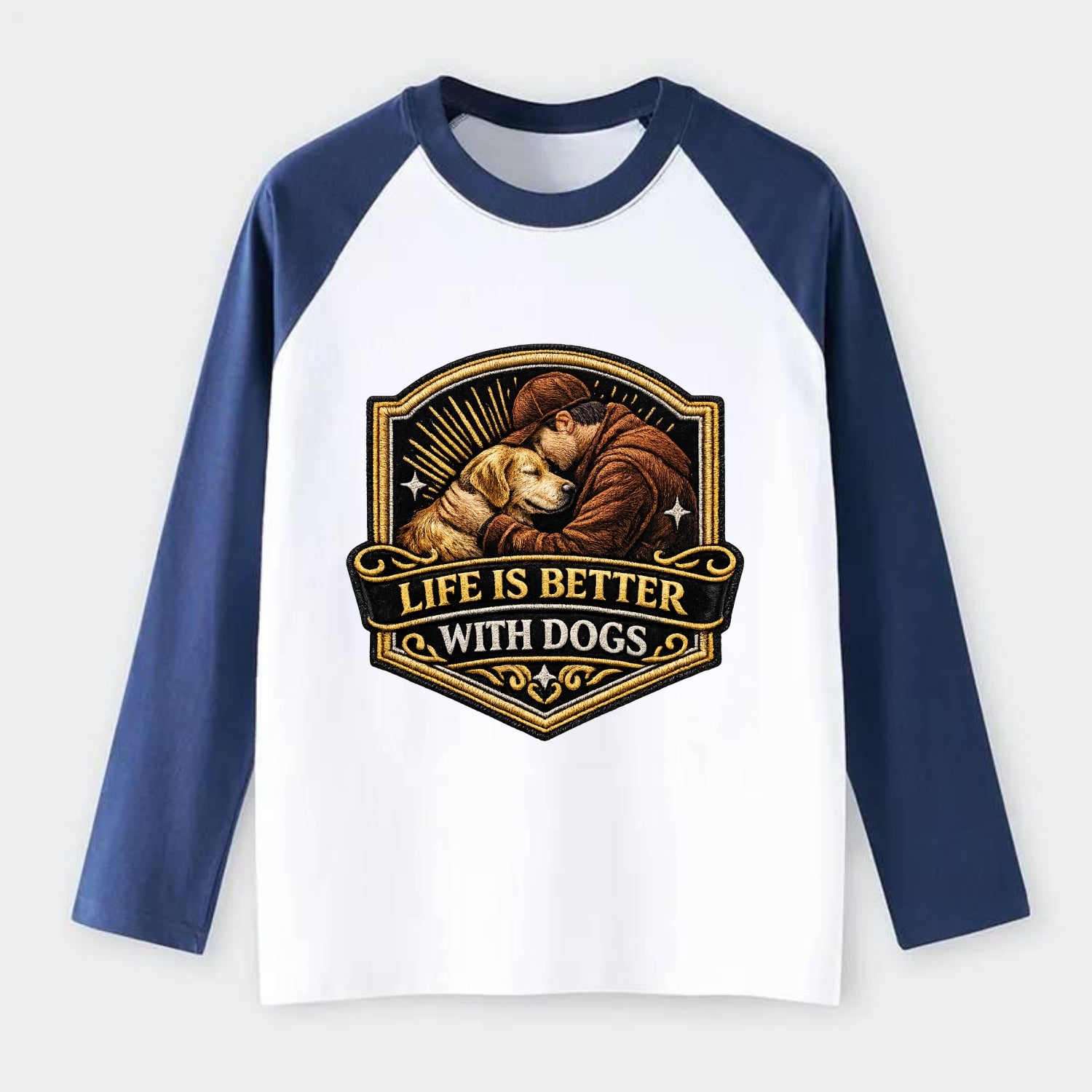 LIFE IS BETTER WITH DOGS - dog and human in brown , dog lover - Raglan Long Sleeve T-Shirt - Blue
