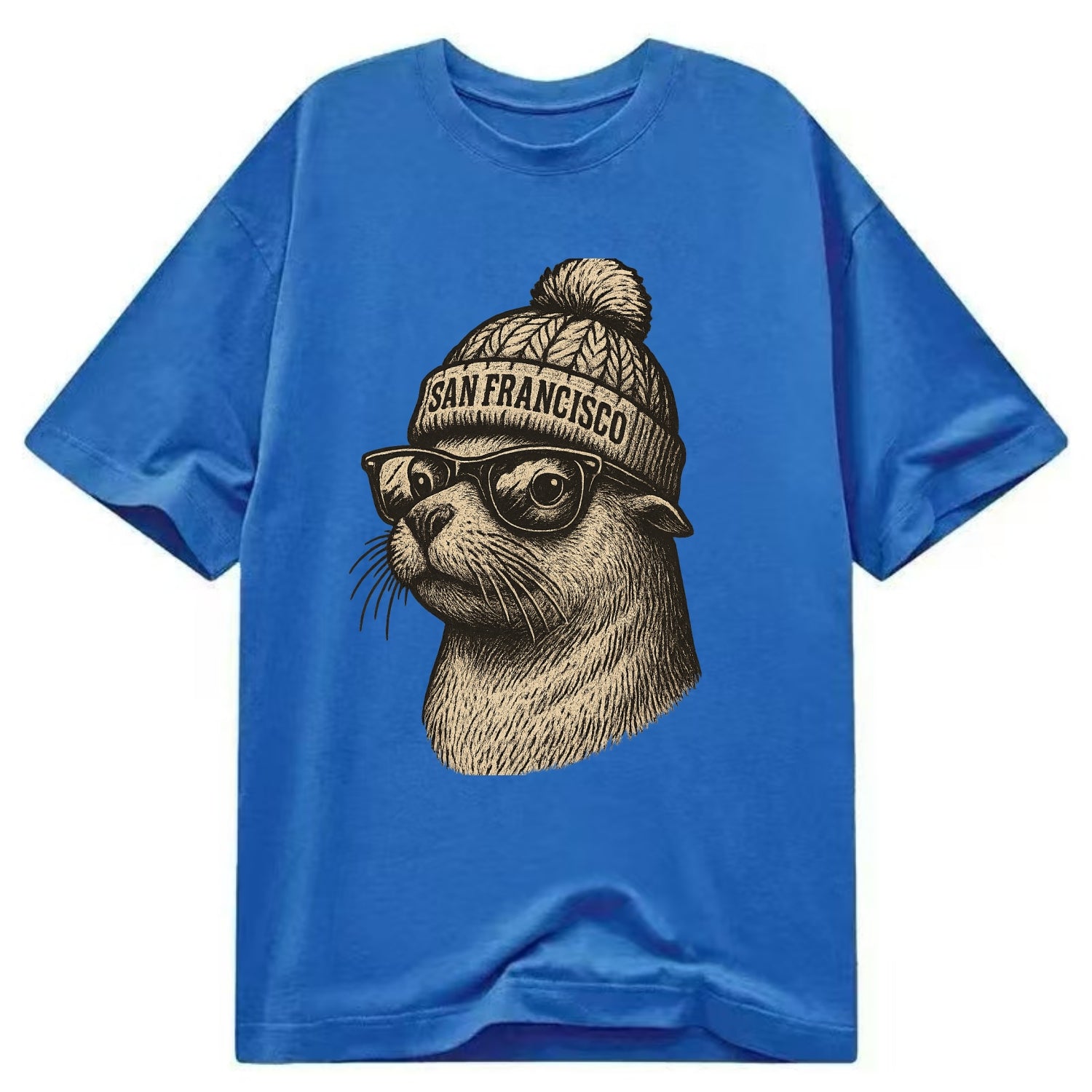 San Francisco Sea Lion wearing San Francisco beanie with pom pom and wayfarer - Classic T-shirt - Blue