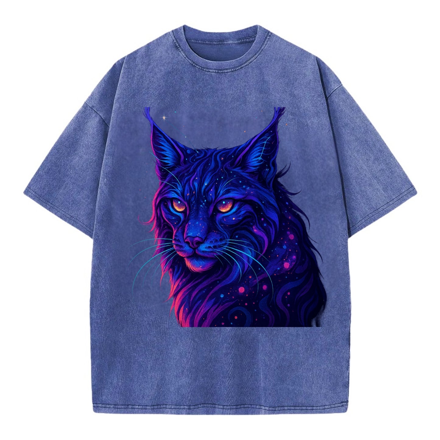 Stealthy lynx with ear tufts forming constellation patterns, nebula spots across - Vintage T-shirt - Blue