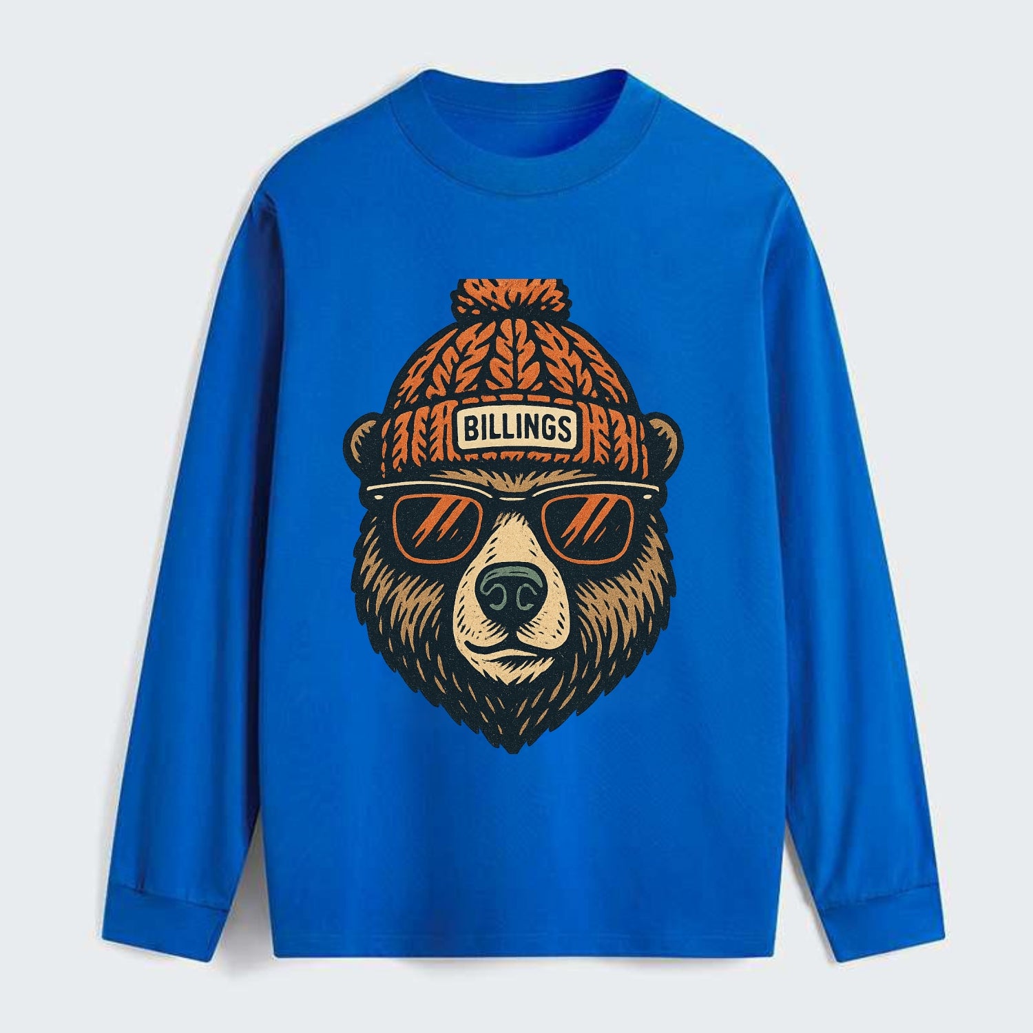 Montana Grizzly Bear wearing Billings beanie with pom pom and wayfarer - Classic Long Sleeve Shirt - Blue