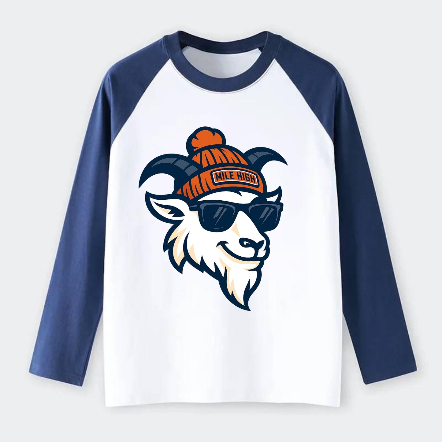 Denver Mountain Goat wearing Broncos beanie with Mile High patch and - Raglan Long Sleeve T-Shirt - Blue