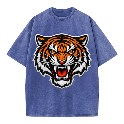 TIGER STRIPES FACE - fierce tiger face in orange, black and white , predator power - Vintage T-shirt - Blue