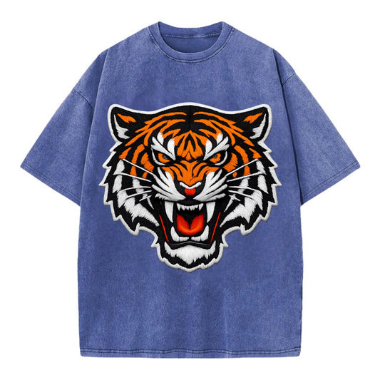 TIGER STRIPES FACE - fierce tiger face in orange, black and white , predator power - Vintage T-shirt - Blue