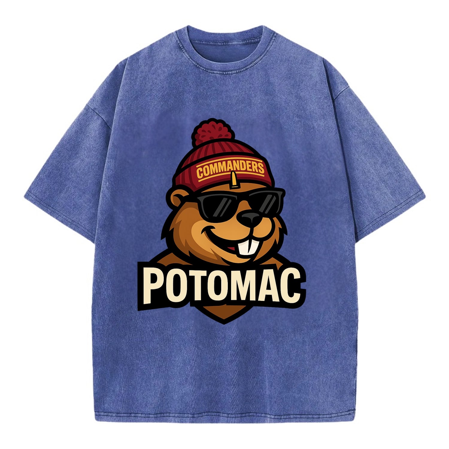 Potomac Beaver wearing Commanders beanie with monument patch and wayfarer - Vintage T-shirt - Blue