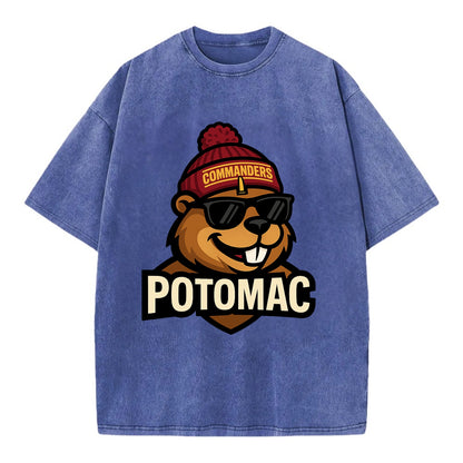 Potomac Beaver wearing Commanders beanie with monument patch and wayfarer - Vintage T-shirt - Blue