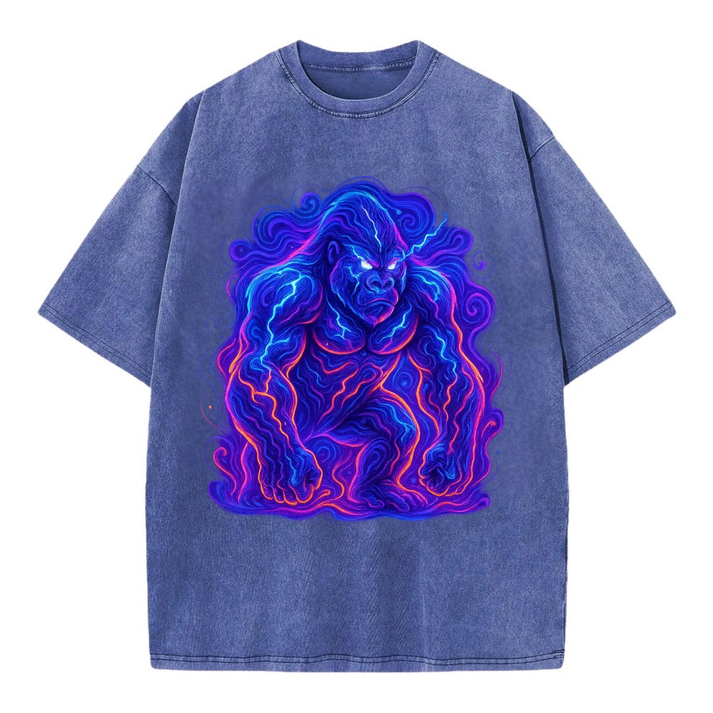 Mighty gorilla with electricity flowing through defined muscles, lightning bolt - Vintage T-shirt - Blue