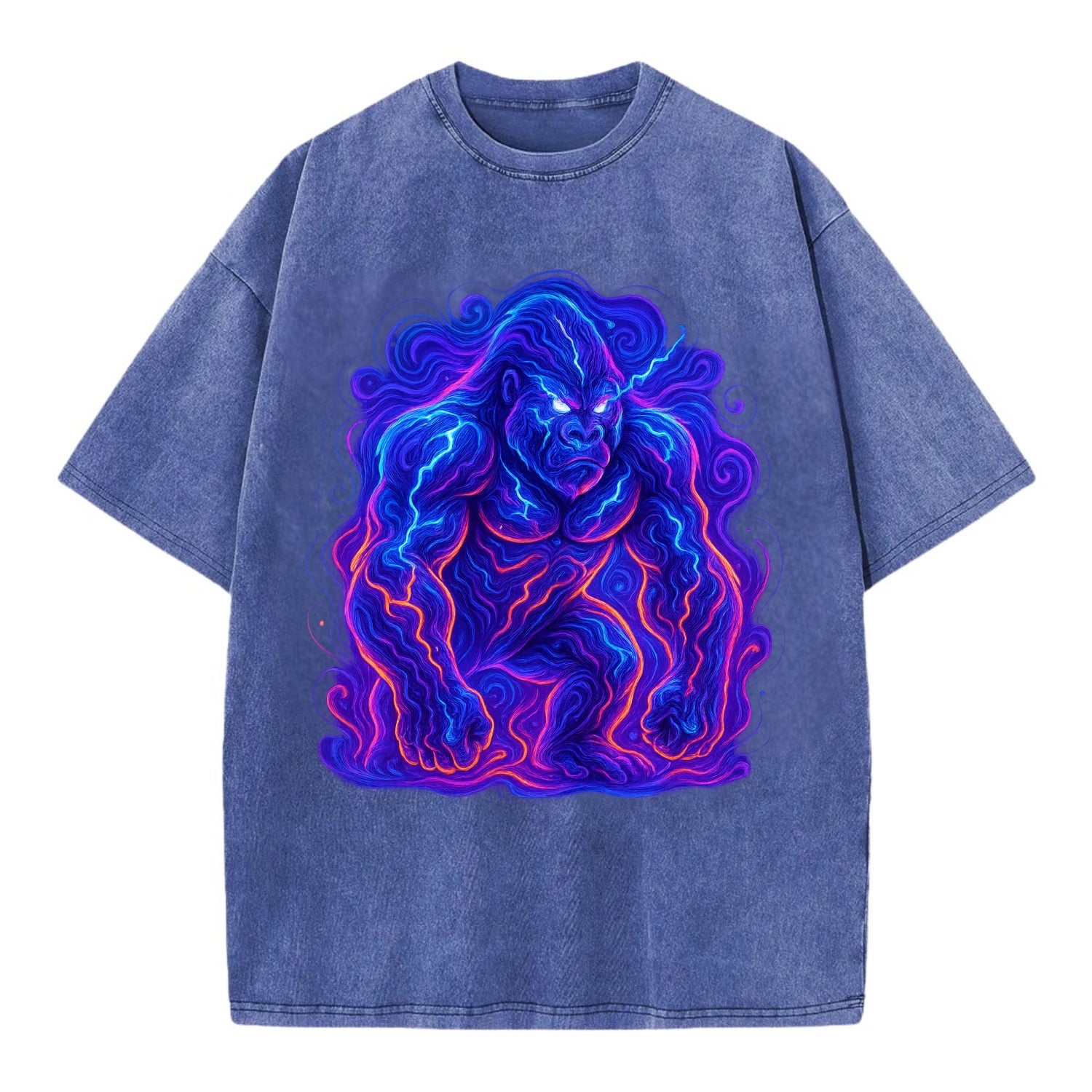 Mighty gorilla with electricity flowing through defined muscles, lightning bolt - Vintage T-shirt - Blue