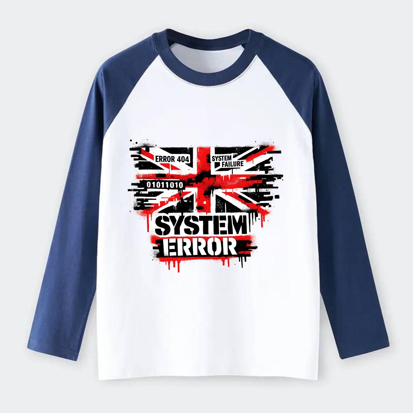 SYSTEM ERROR | Glitch Union Jack pattern | Digital corruption effect | - Raglan Long Sleeve T-Shirt - Blue