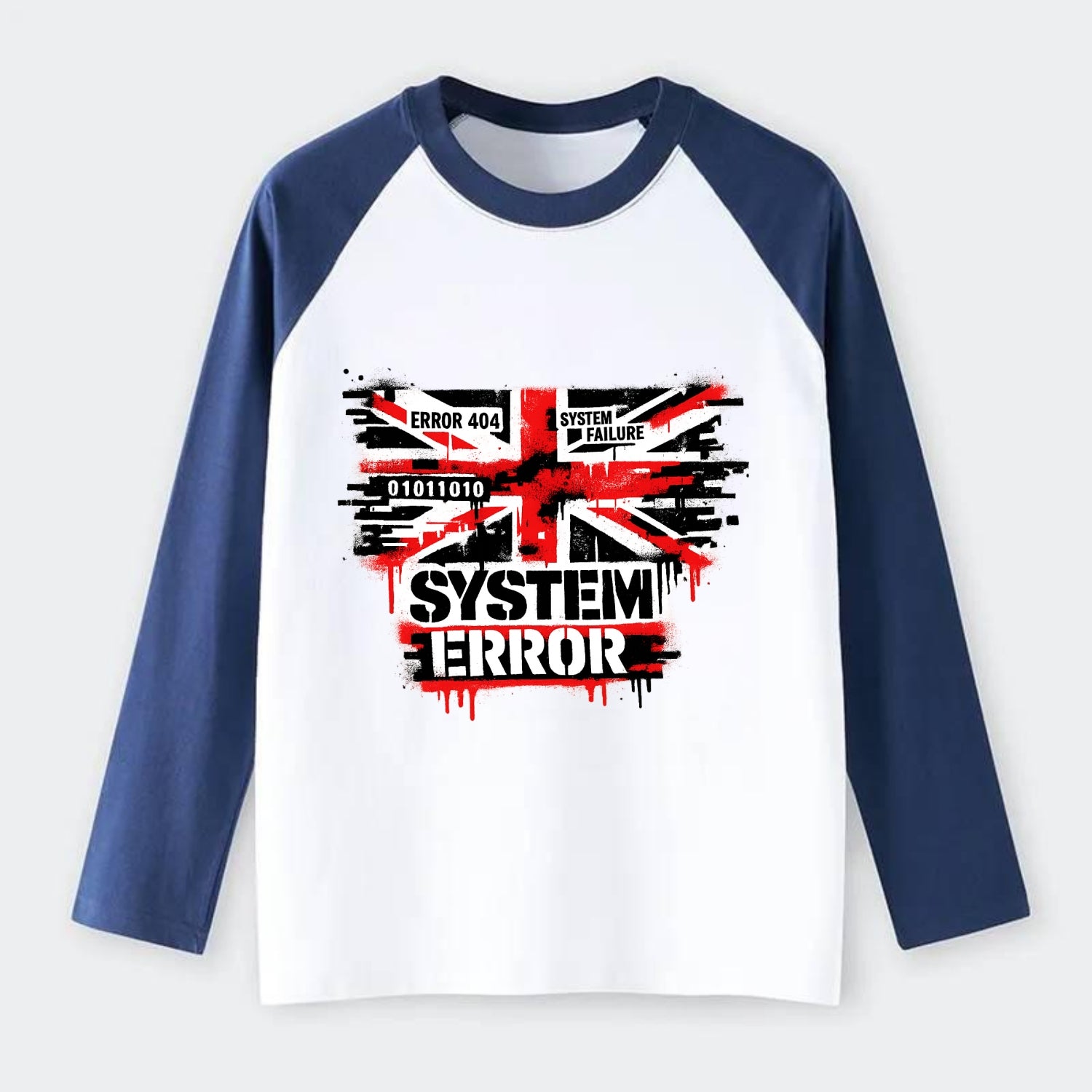 SYSTEM ERROR | Glitch Union Jack pattern | Digital corruption effect | - Raglan Long Sleeve T-Shirt - Blue