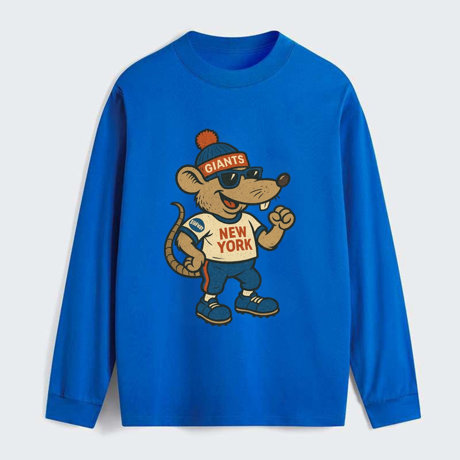 New York Rat wearing Giants beanie with subway patch and wayfarer - Classic Long Sleeve Shirt - Blue