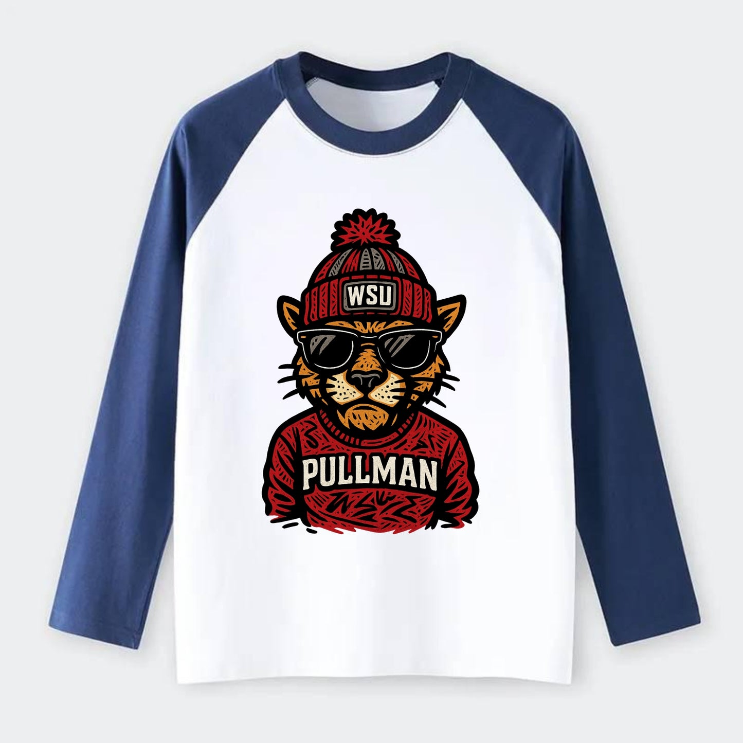 Pullman Cougar wearing Washington State beanie with WSU patch - Raglan Long Sleeve T-Shirt - Blue