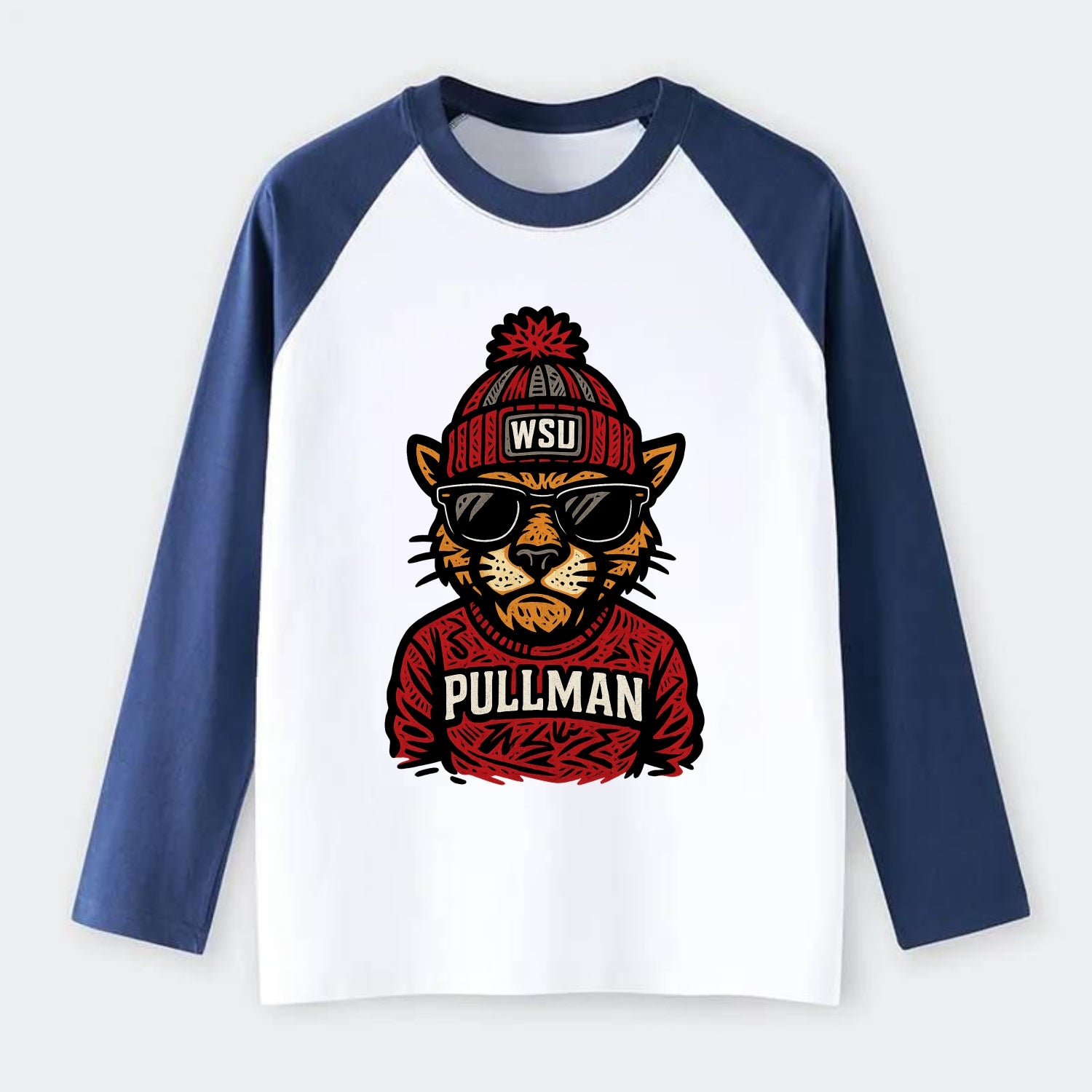 Pullman Cougar wearing Washington State beanie with WSU patch - Raglan Long Sleeve T-Shirt - Blue