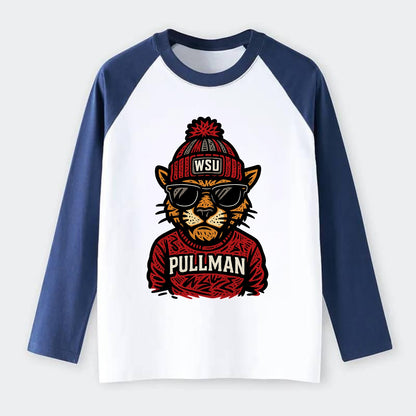 Pullman Cougar wearing Washington State beanie with WSU patch - Raglan Long Sleeve T-Shirt - Blue