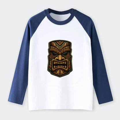 TIKI MASK - carved totem in brown and red , Polynesian - Raglan Long Sleeve T-Shirt - Blue