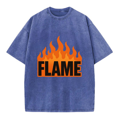 Bold typography design - "FLAME" - burning bright, passionate - Vintage T-shirt - Blue