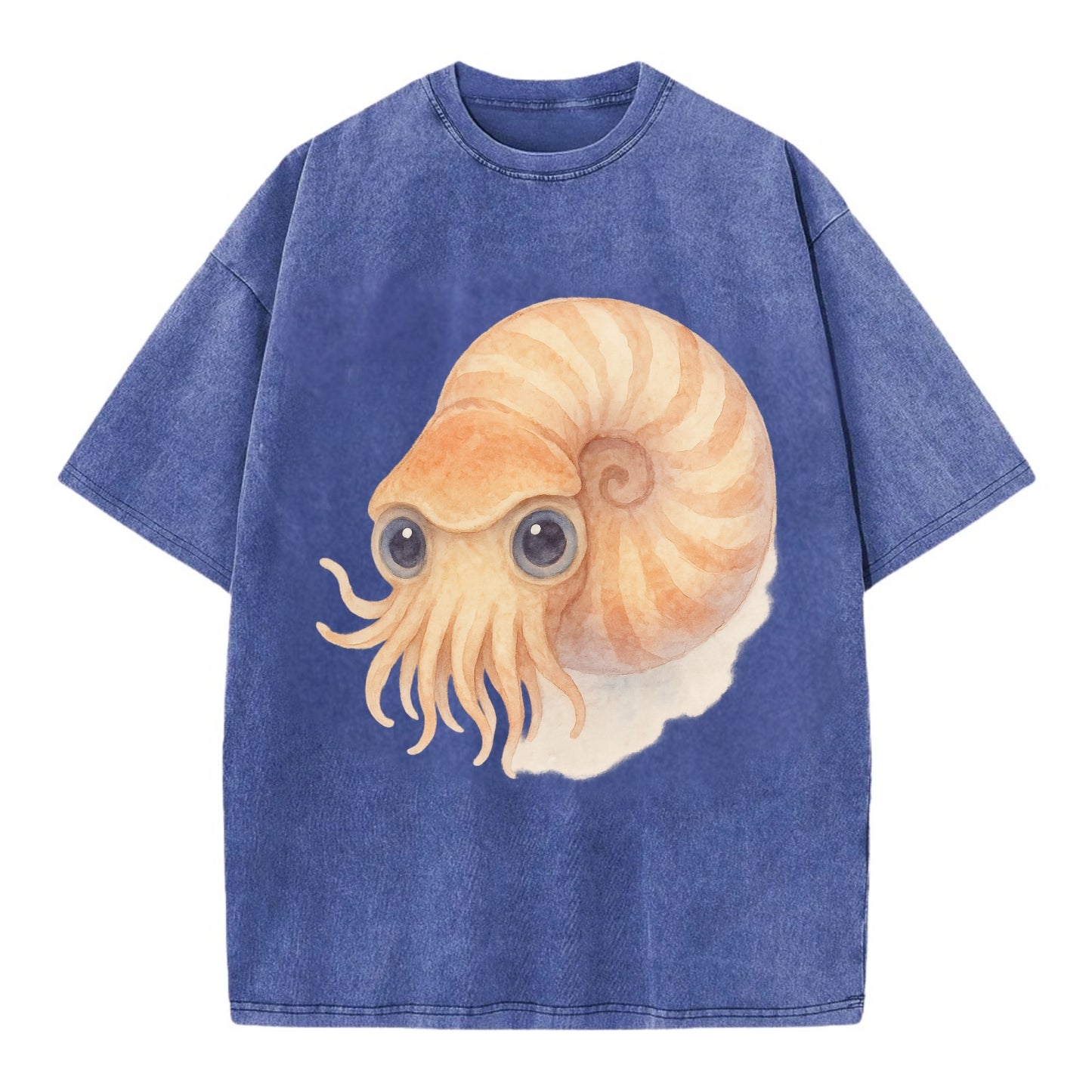 Baby Nautilus - spiral shell, tentacles peeking, ancient eyes, front-facing, - Vintage T-shirt - Blue