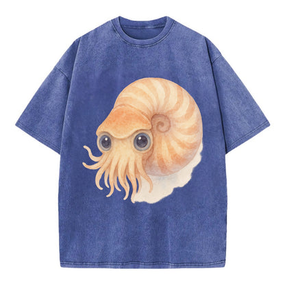 Baby Nautilus - spiral shell, tentacles peeking, ancient eyes, front-facing, - Vintage T-shirt - Blue