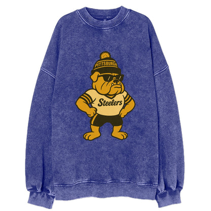 Pittsburgh Bulldog wearing Steelers black and gold beanie with pom pom and - Vintage Sweatshirt - Blue
