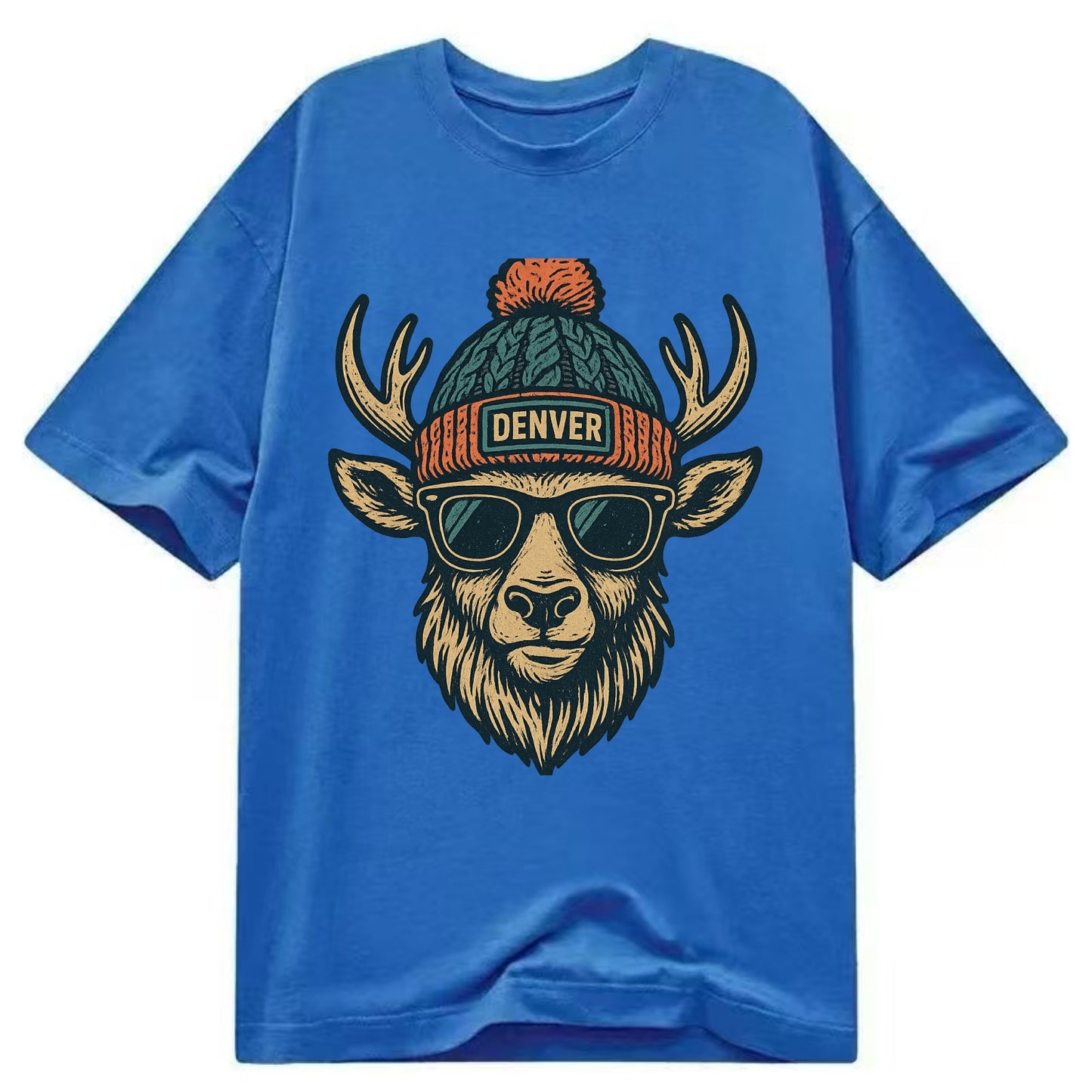 Denver Elk wearing Denver beanie with pom pom and wayfarer sunglasses - Classic T-shirt - Blue