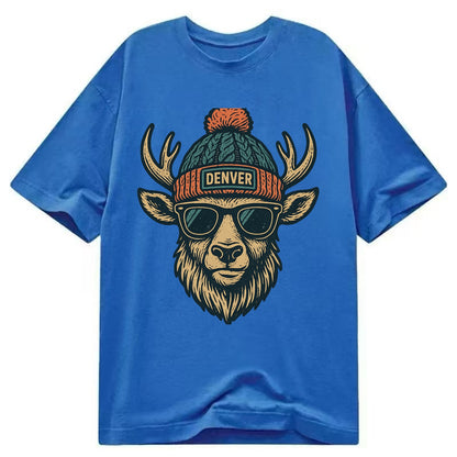Denver Elk wearing Denver beanie with pom pom and wayfarer sunglasses - Classic T-shirt - Blue