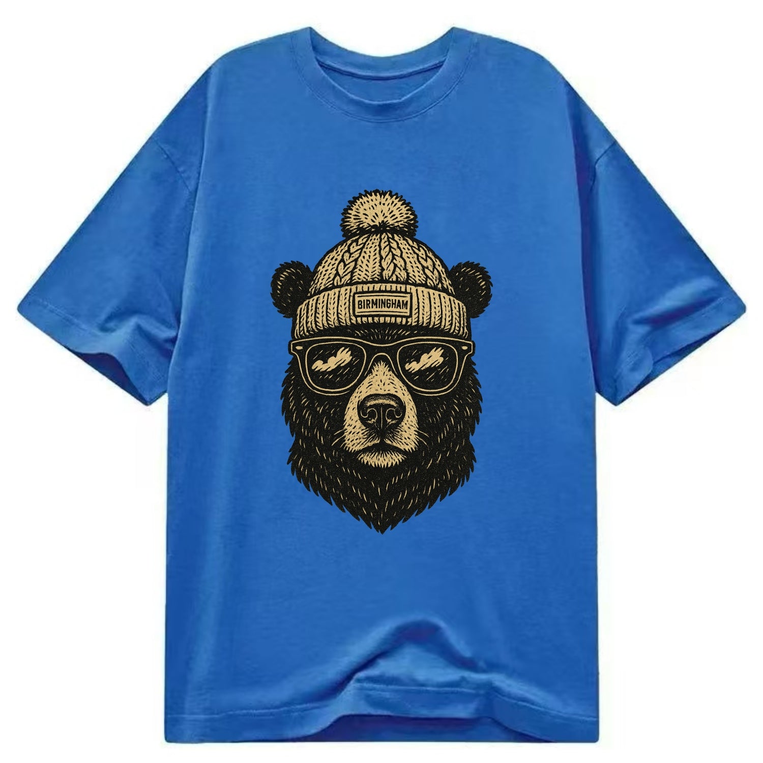 Alabama Black Bear wearing Birmingham beanie with pom pom and wayfarer sunglasses - Classic T-shirt - Blue