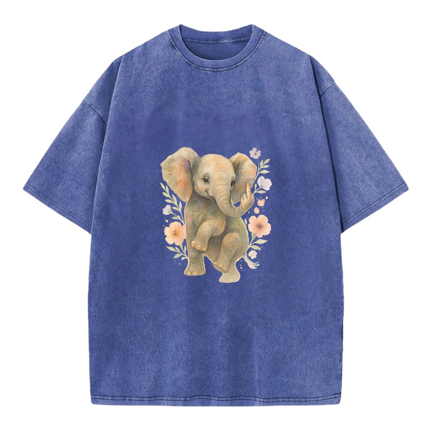 baby elephant with trunk up, one foot raised with middle toe extended - Vintage T-shirt - Blue