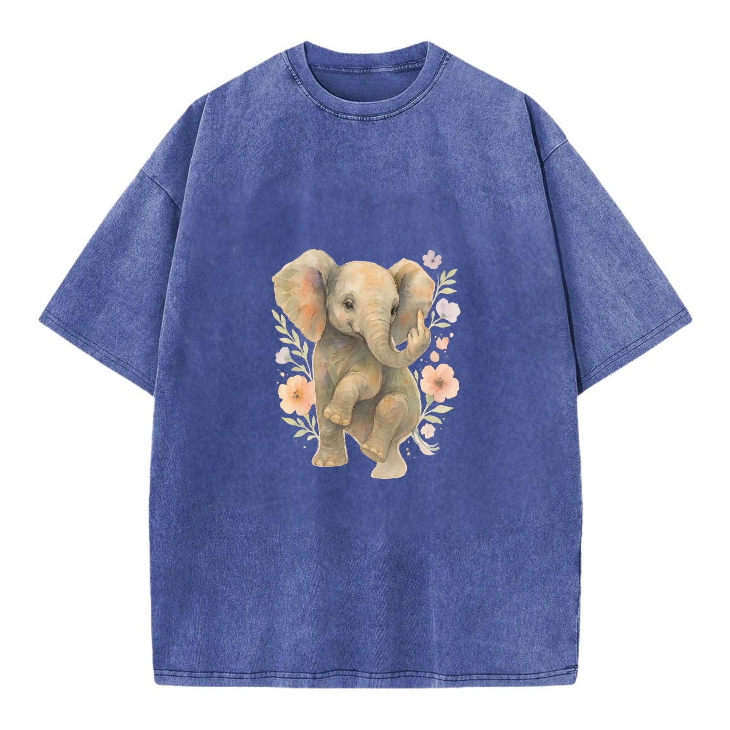 baby elephant with trunk up, one foot raised with middle toe extended - Vintage T-shirt - Blue