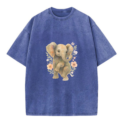 baby elephant with trunk up, one foot raised with middle toe extended - Vintage T-shirt - Blue