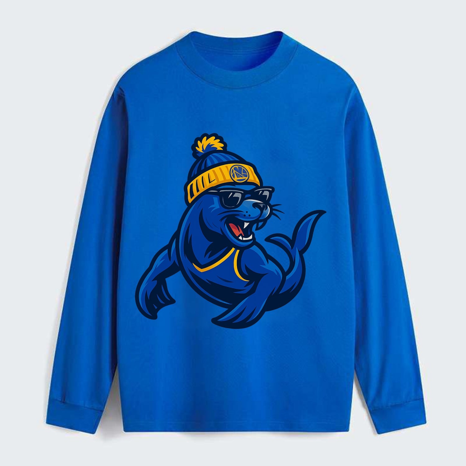 Bay Area Sea Lion wearing Warriors blue and gold beanie with Golden - Classic Long Sleeve Shirt - Blue