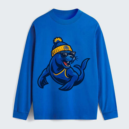 Bay Area Sea Lion wearing Warriors blue and gold beanie with Golden - Classic Long Sleeve Shirt - Blue
