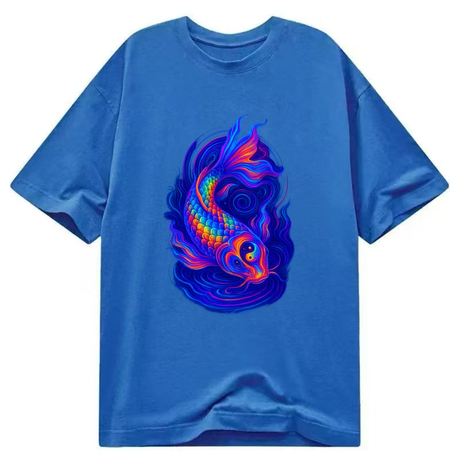 Sacred koi with scales reflecting rainbow prisms, yin-yang patterns in cosmic - Classic T-shirt - Blue