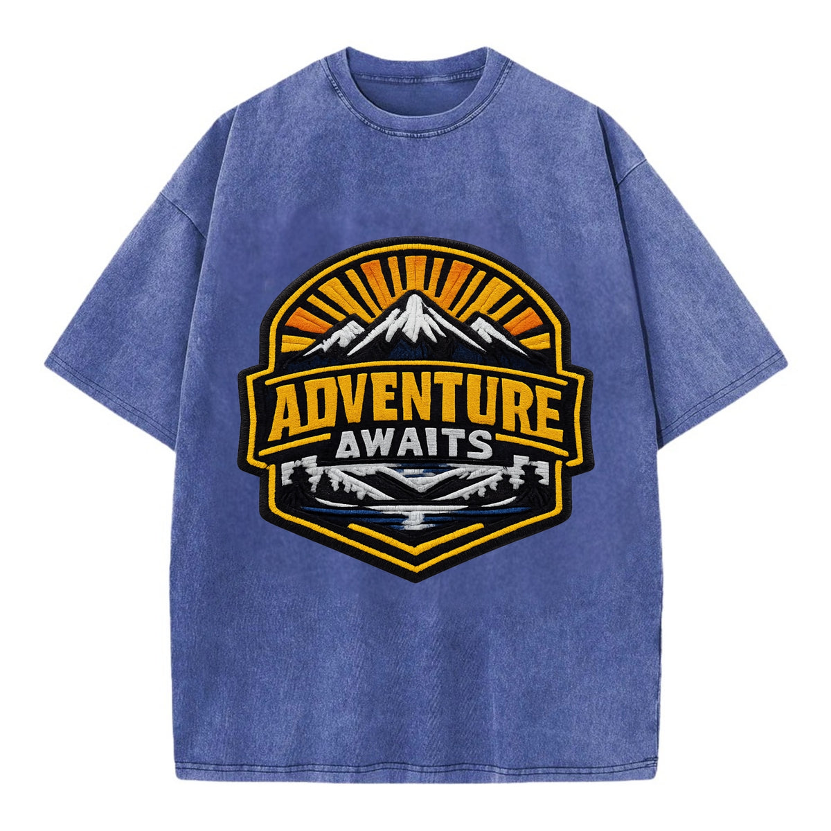 ADVENTURE AWAITS - mountain sunrise with text in gold and blue , wanderlust - Vintage T-shirt - Blue