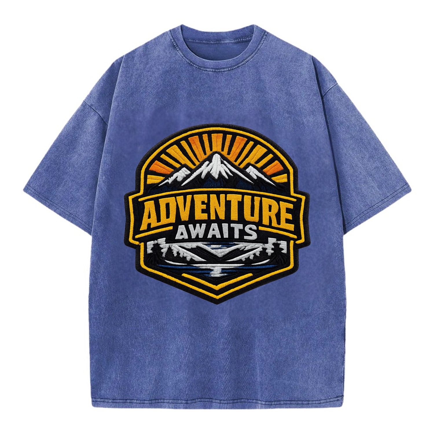 ADVENTURE AWAITS - mountain sunrise with text in gold and blue , wanderlust - Vintage T-shirt - Blue