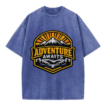 ADVENTURE AWAITS - mountain sunrise with text in gold and blue , wanderlust - Vintage T-shirt - Blue