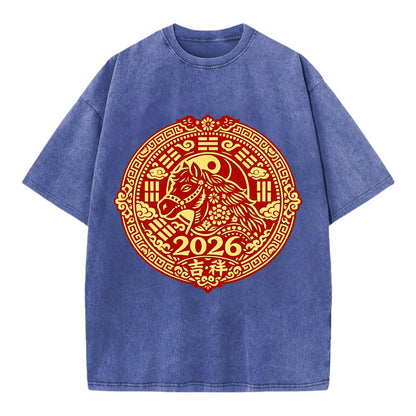 LUCKY HORSE MEDALLION | Circular medallion with horse profile | Intricate Chinese - Vintage T-shirt - Blue
