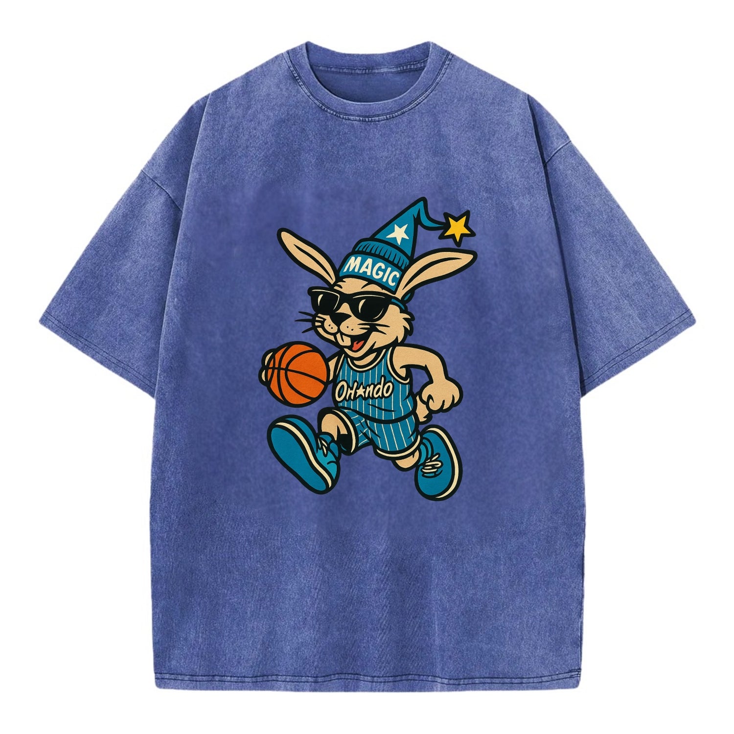 Orlando Rabbit wearing Magic blue and silver beanie with wizard hat and wayfarer - Vintage T-shirt - Blue