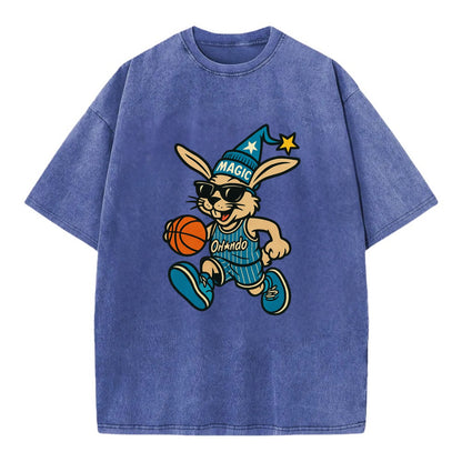 Orlando Rabbit wearing Magic blue and silver beanie with wizard hat and wayfarer - Vintage T-shirt - Blue