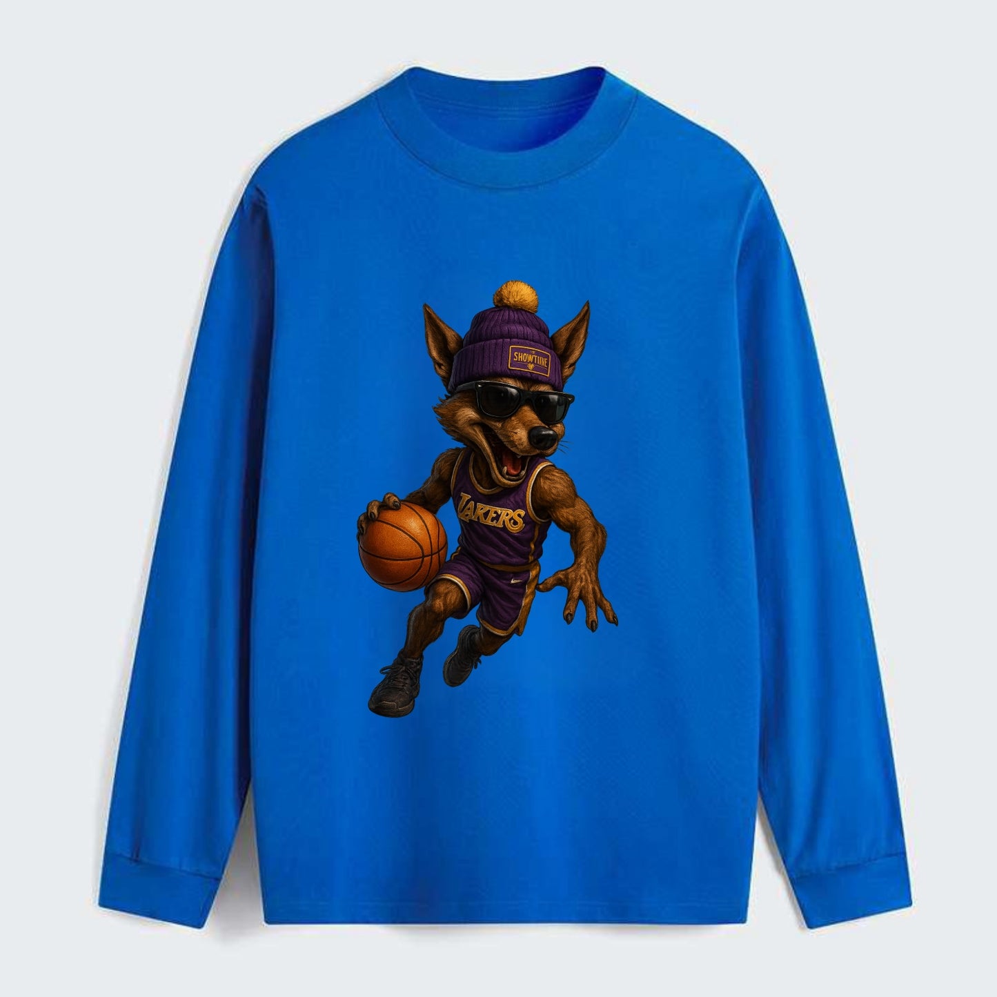 Hollywood Coyote wearing Lakers beanie with Showtime patch and wayfarer - Classic Long Sleeve Shirt - Blue