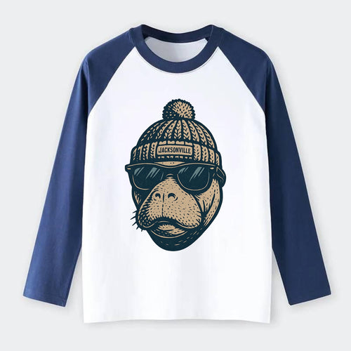 Jacksonville Manatee wearing Jacksonville beanie with pom pom and - Raglan Long Sleeve T-Shirt