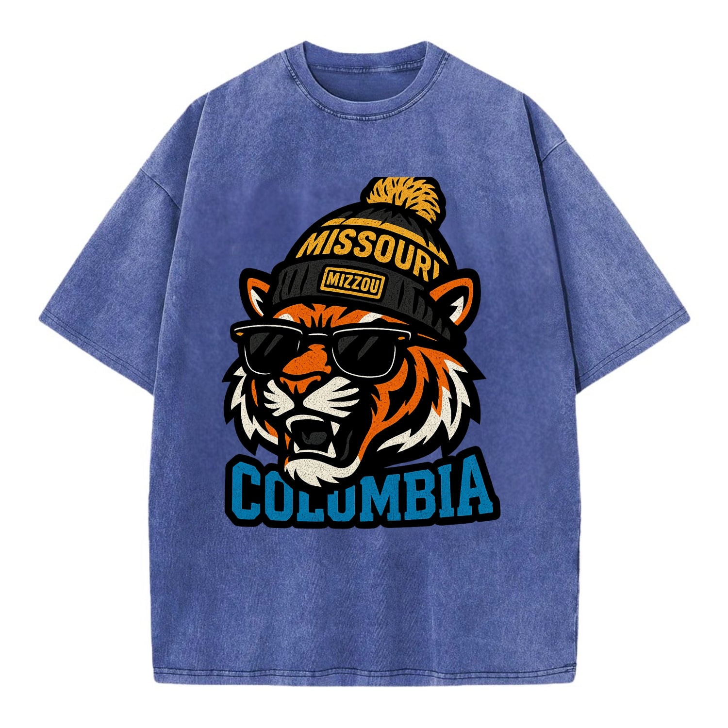 Columbia Tiger wearing Missouri beanie with Mizzou patch - Vintage T-shirt - Blue