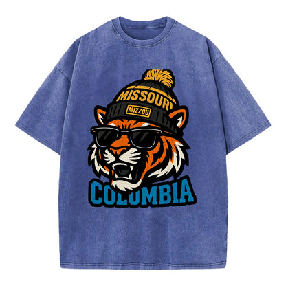 Columbia Tiger wearing Missouri beanie with Mizzou patch - Vintage T-shirt - Blue