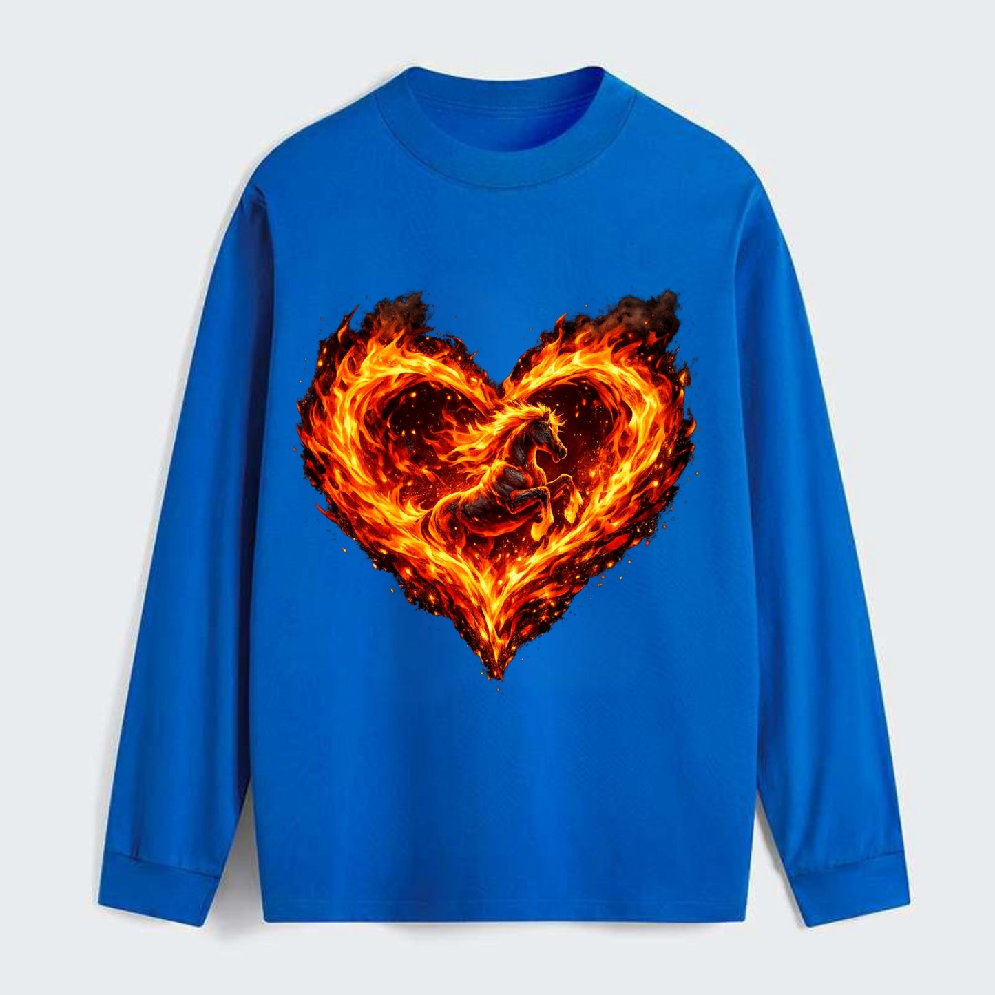 HEART OF FIRE | Flaming heart with horse silhouette inside | Passion - Classic Long Sleeve Shirt - Blue