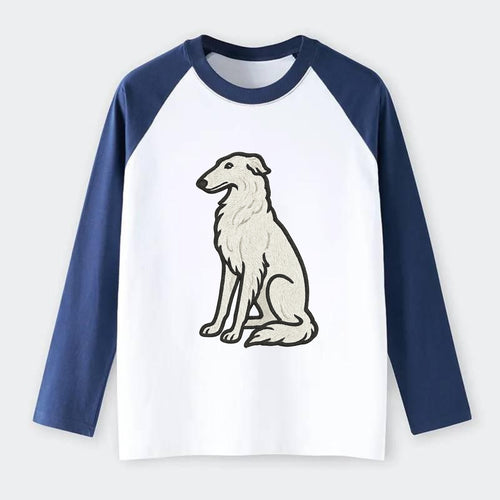 Borzoi - White embroidered sitting pose - Raglan Long Sleeve T-Shirt